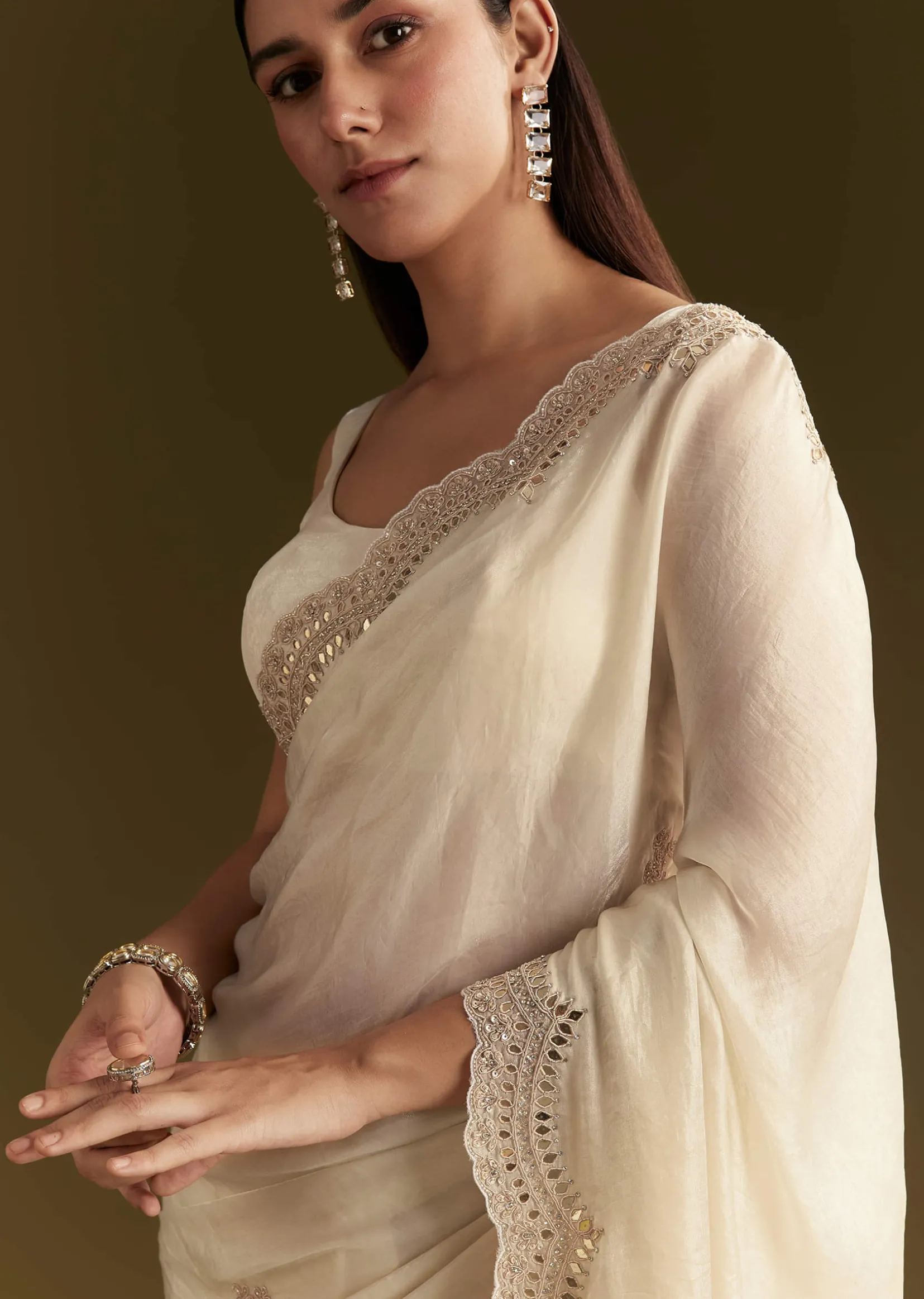White Satin Embroidered Saree With Gota Patti Work