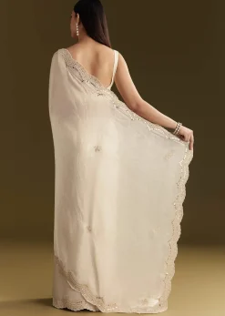 White Satin Embroidered Saree With Gota Patti Work