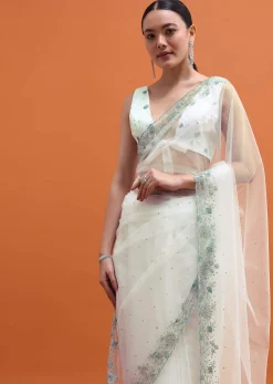 White Sequin Embellished Saree With Unstitched Blouse