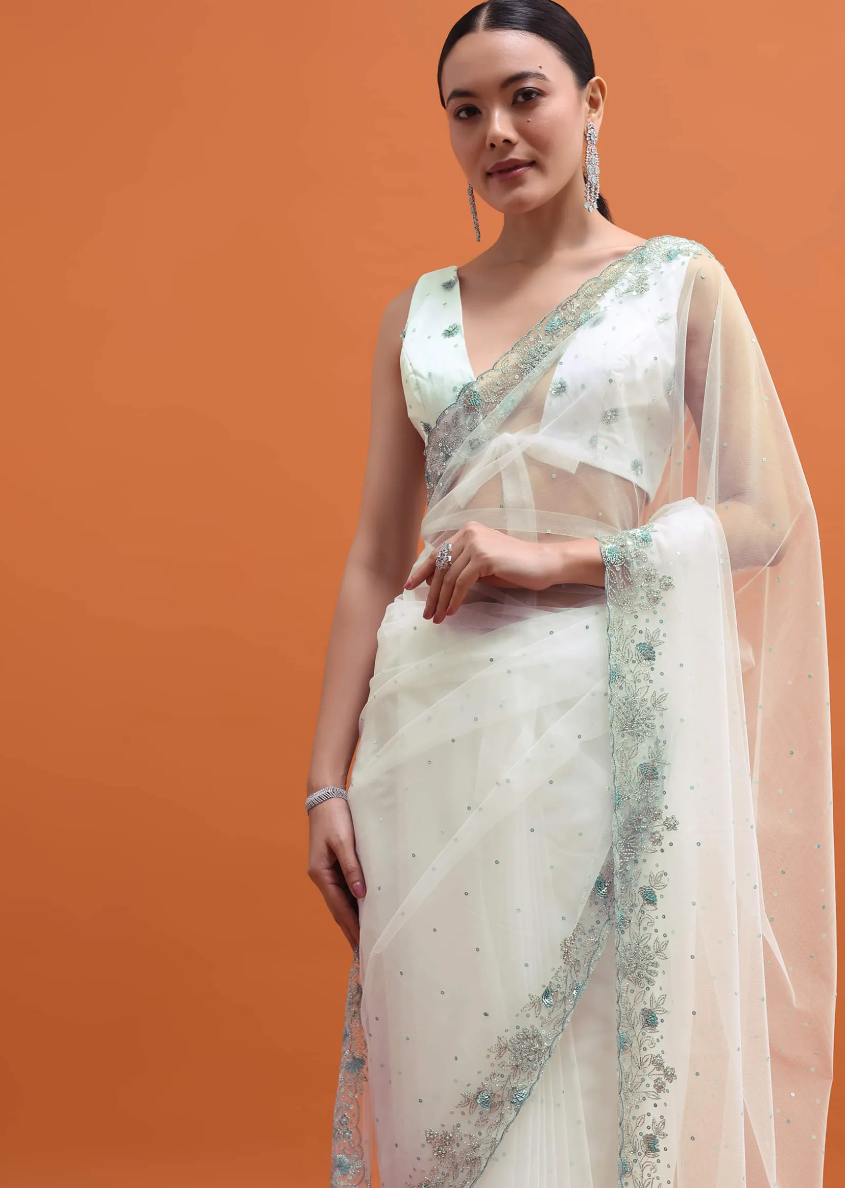 White Sequin Embellished Saree With Unstitched Blouse