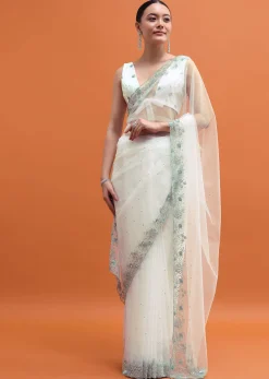 White Sequin Embellished Saree With Unstitched Blouse