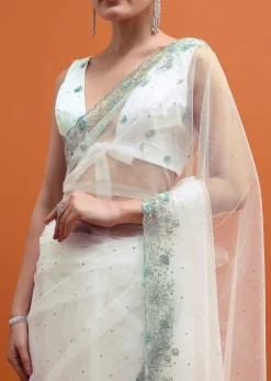 White Sequin Embellished Saree With Unstitched Blouse