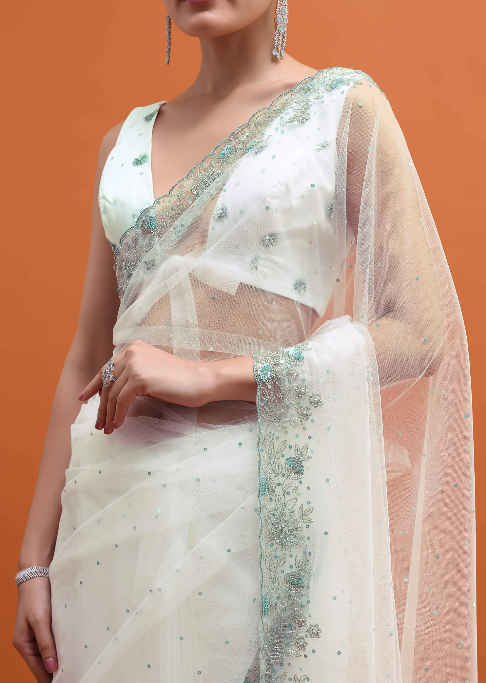 White Sequin Embellished Saree With Unstitched Blouse