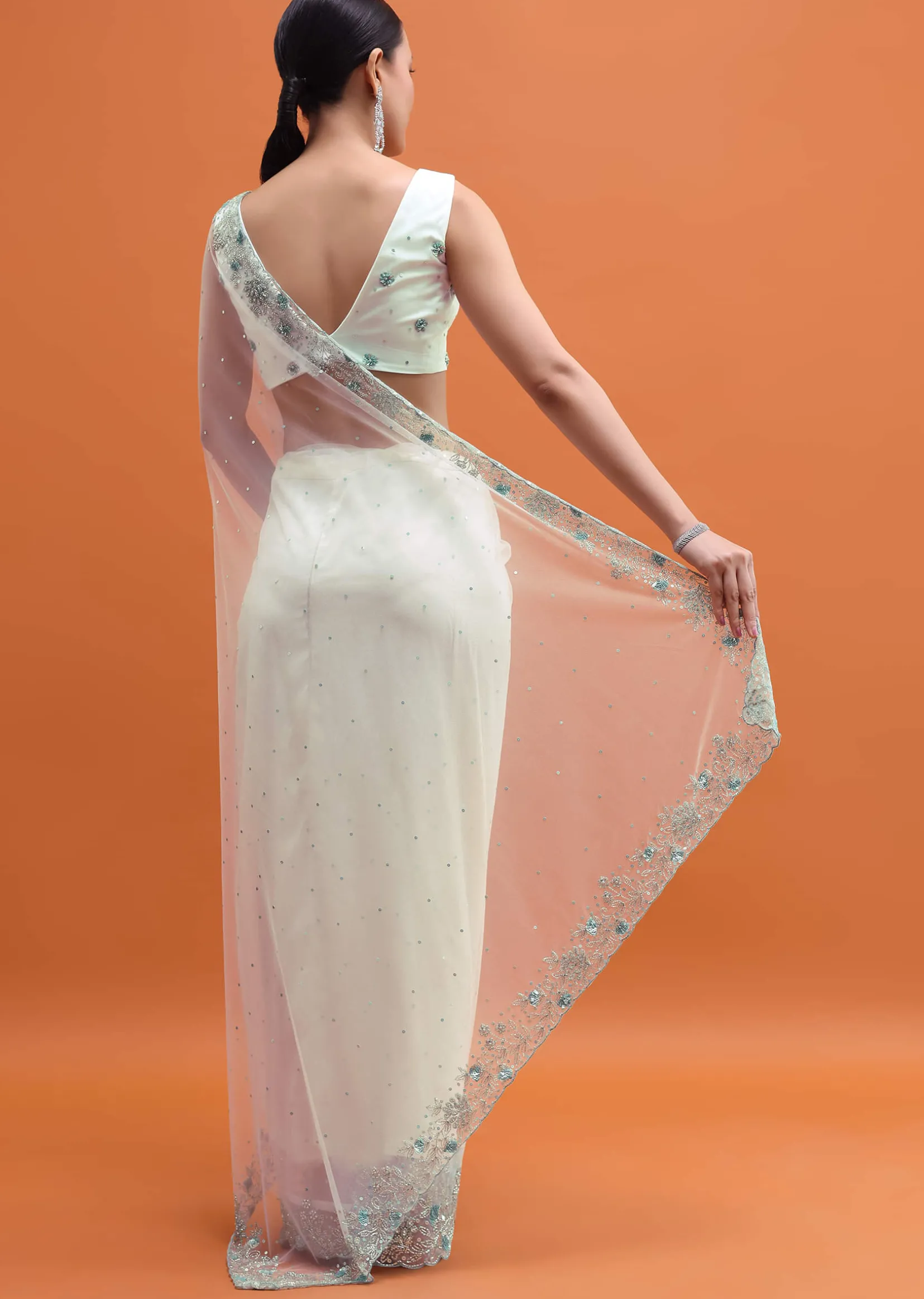 White Sequin Embellished Saree With Unstitched Blouse