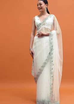 White Sequin Embellished Saree With Unstitched Blouse