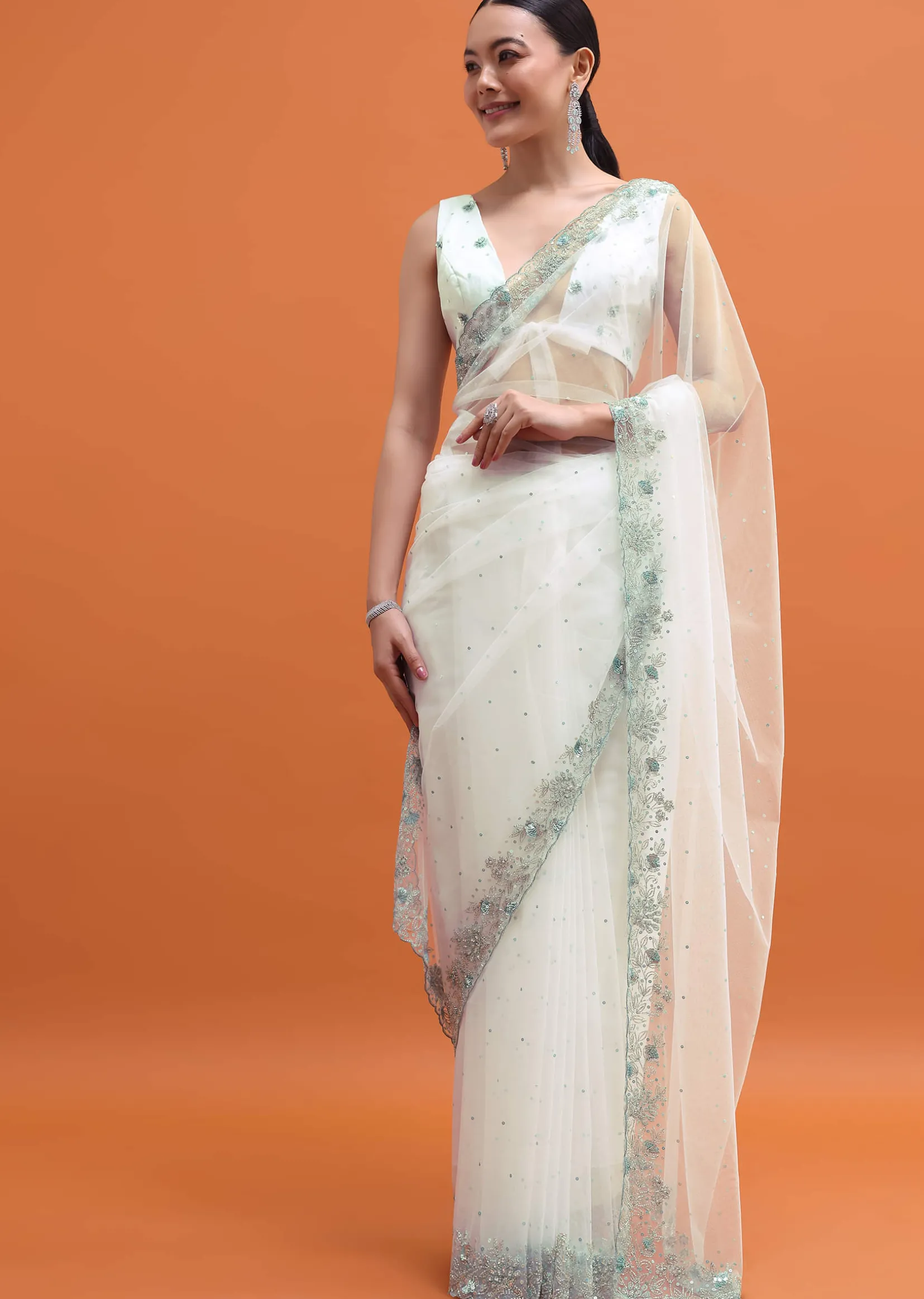 White Sequin Embellished Saree With Unstitched Blouse