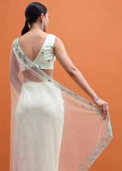 White Sequin Embellished Saree With Unstitched Blouse