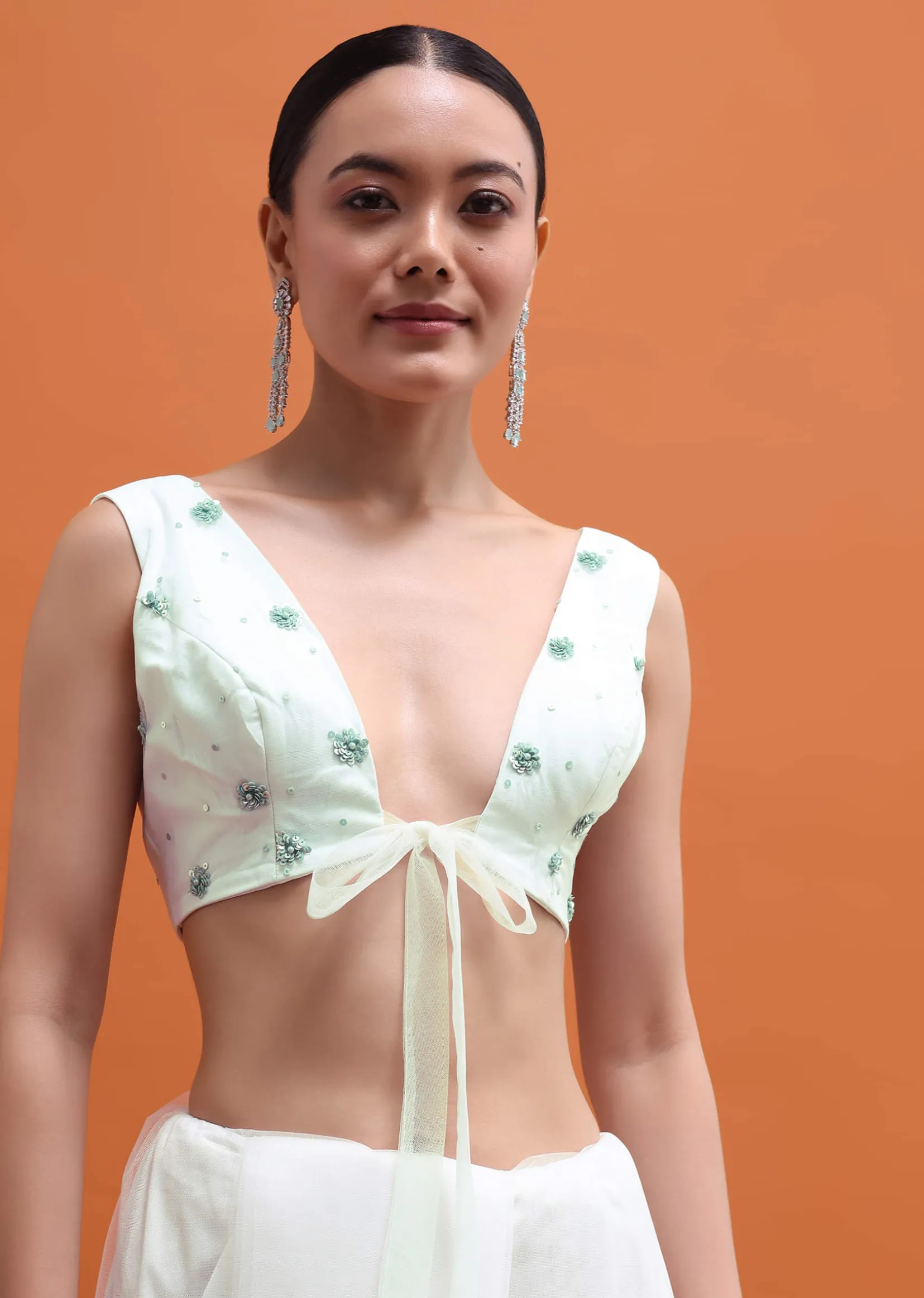 White Sequin Embellished Saree With Unstitched Blouse