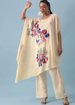 White Sequin Kaftan And Pant Set
