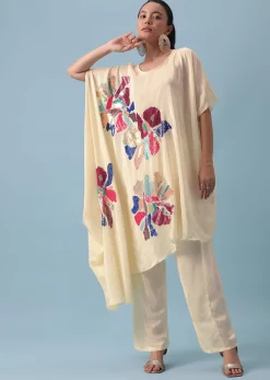 White Sequin Kaftan And Pant Set