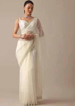 White Sheer Organza Saree With Scallop Cutwork And Unstitched Blouse Piece