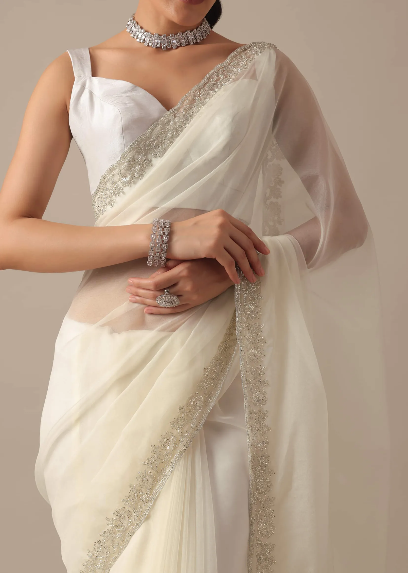 White Sheer Organza Saree With Scallop Cutwork And Unstitched Blouse Piece