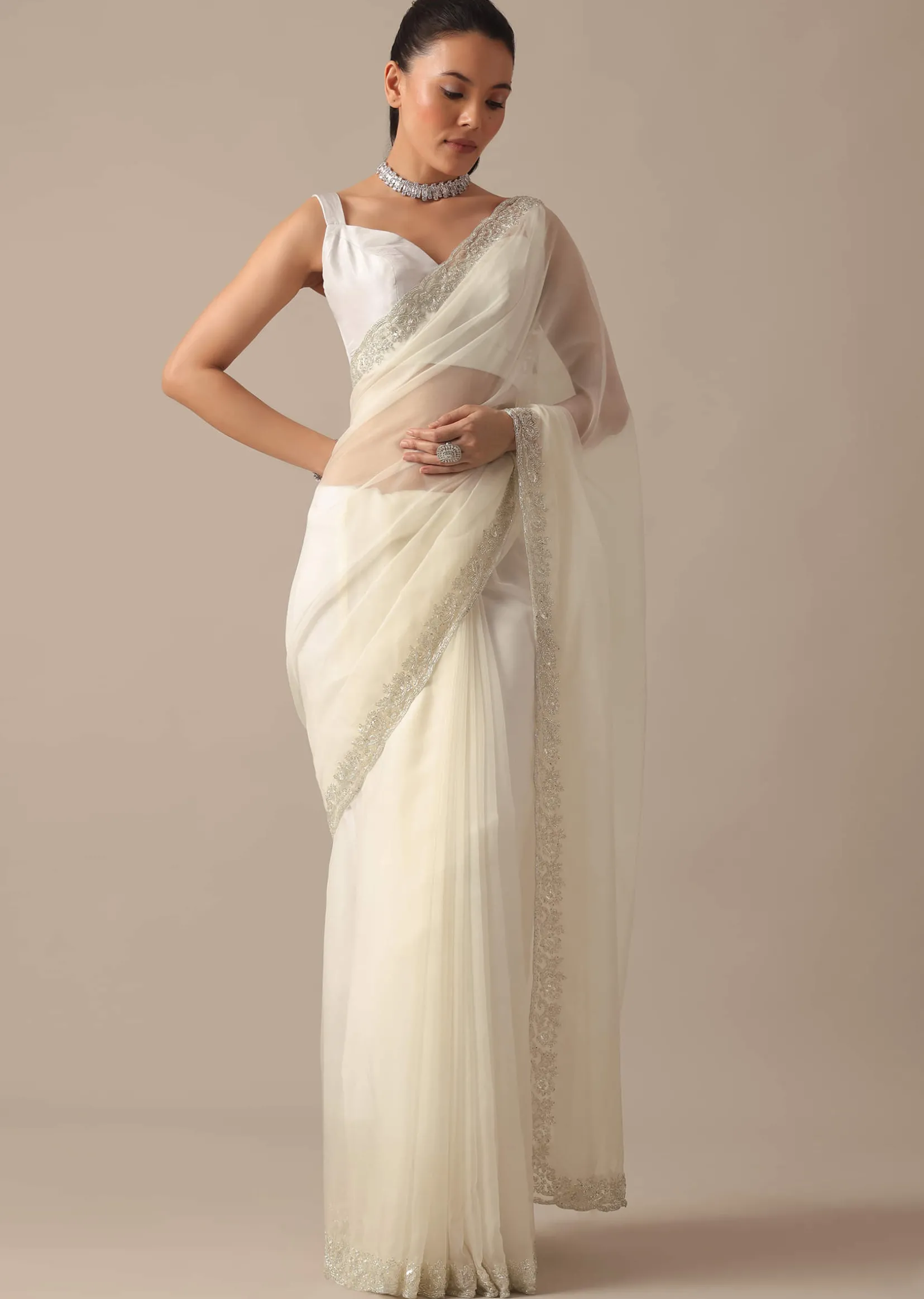 White Sheer Organza Saree With Scallop Cutwork And Unstitched Blouse Piece