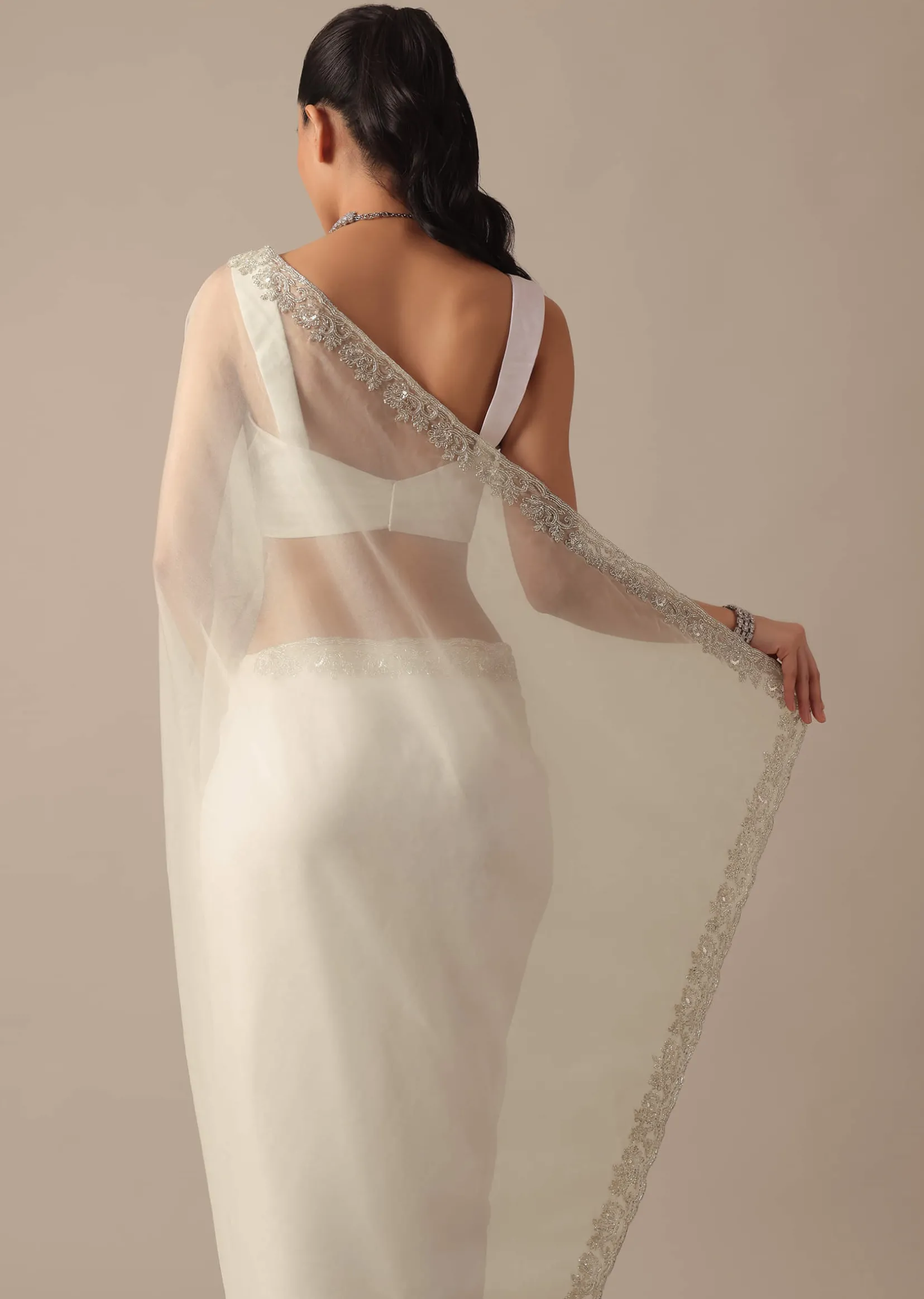White Sheer Organza Saree With Scallop Cutwork And Unstitched Blouse Piece