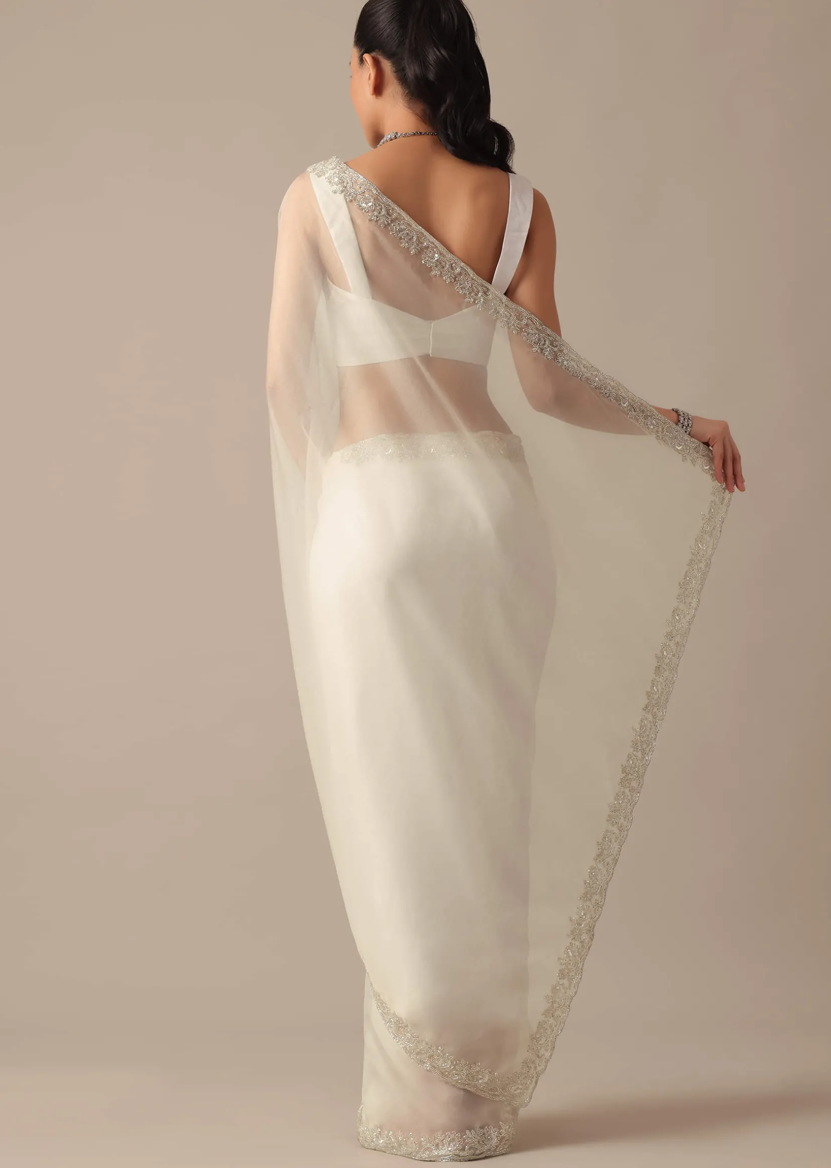 White Sheer Organza Saree With Scallop Cutwork And Unstitched Blouse Piece