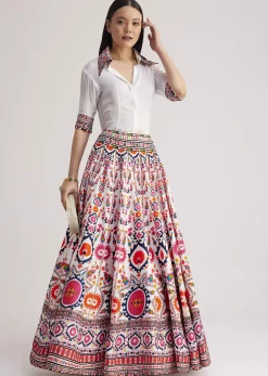 White Shirt With Vibrant Printed Skirt