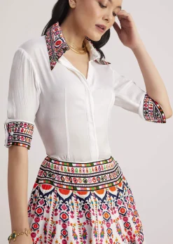 White Shirt With Vibrant Printed Skirt