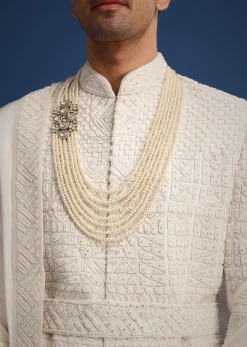 White Silk Embellished Sherwani Set With Kamarbandh