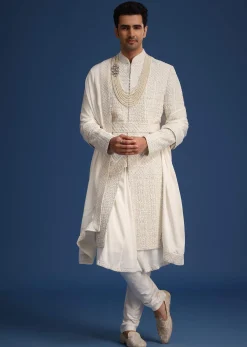 White Silk Embellished Sherwani Set With Kamarbandh