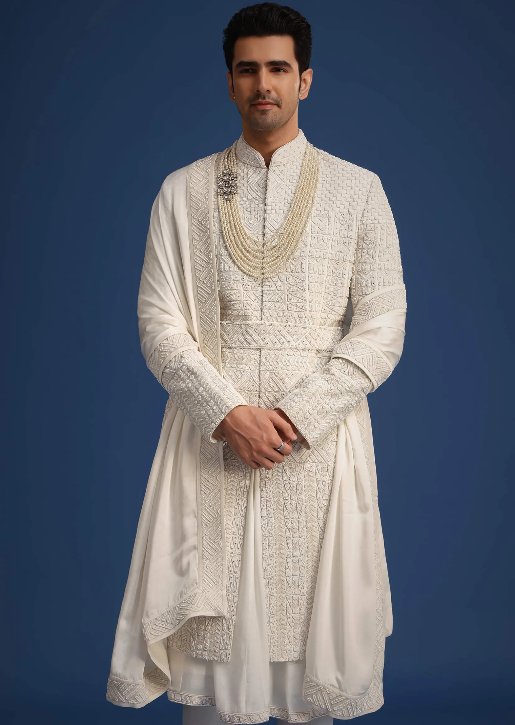 White Silk Embellished Sherwani Set With Kamarbandh