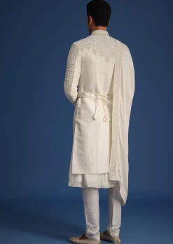 White Silk Embellished Sherwani Set With Kamarbandh