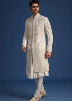 White Silk Embellished Sherwani Set With Kamarbandh