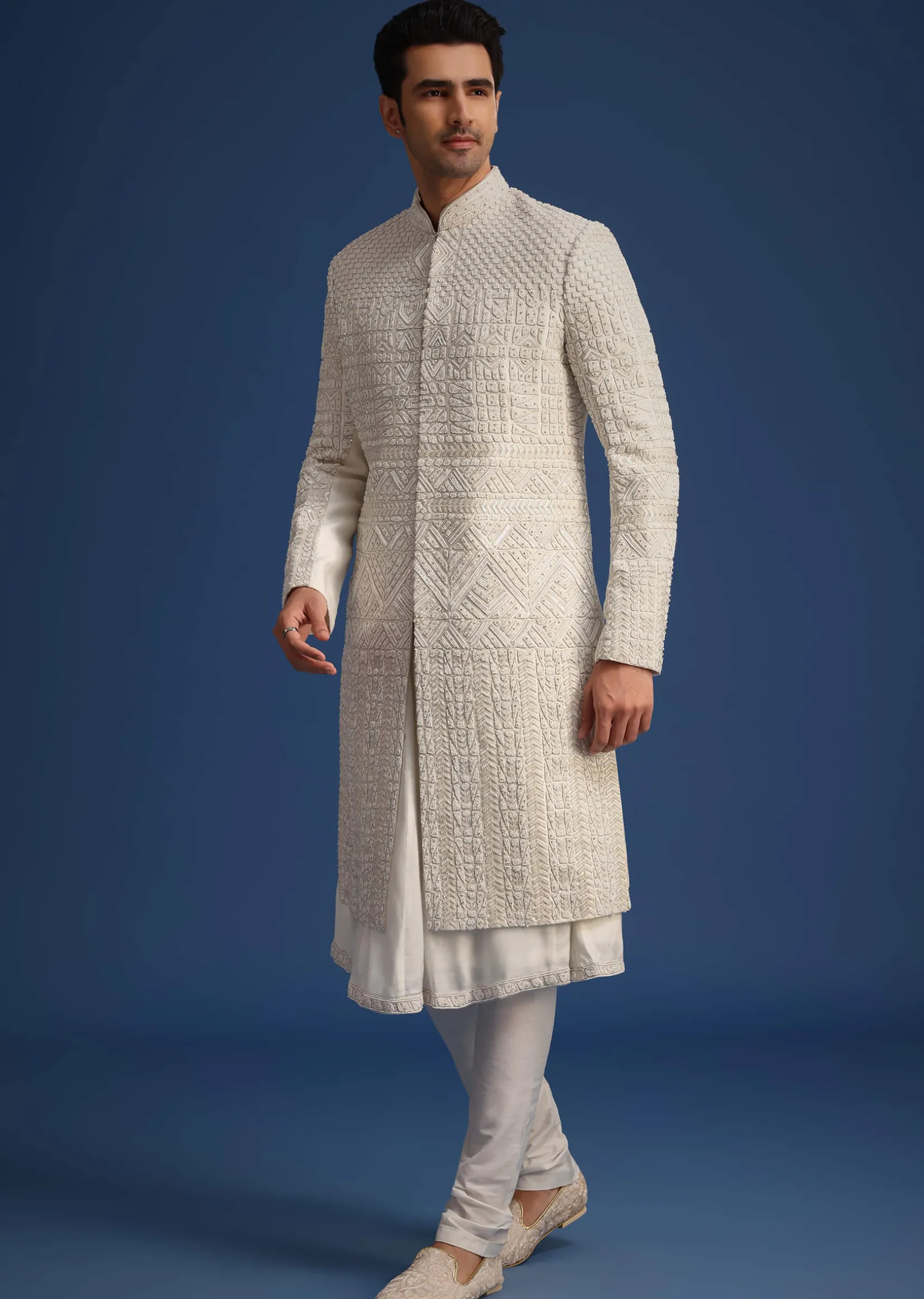 White Silk Embellished Sherwani Set With Kamarbandh