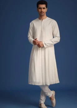 White Silk Embellished Sherwani Set With Kamarbandh