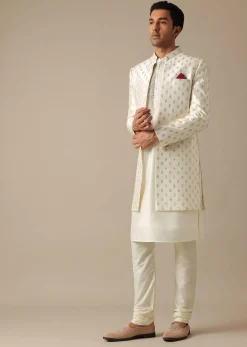 White Silk Embroidered Sherwani Set