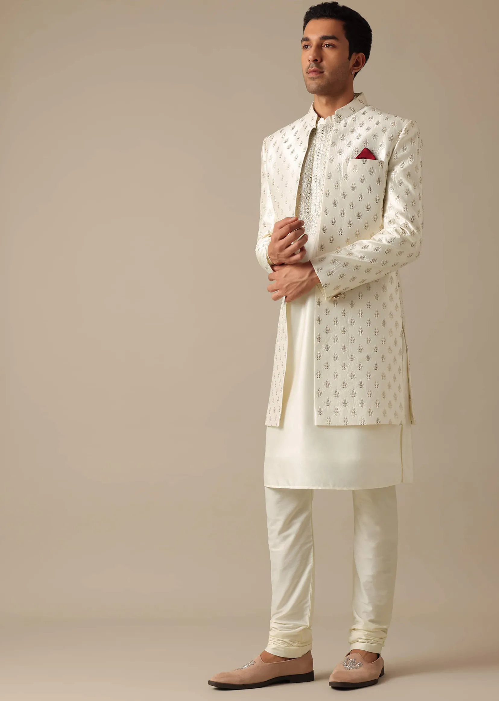 White Silk Embroidered Sherwani Set
