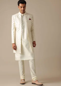 White Silk Embroidered Sherwani Set
