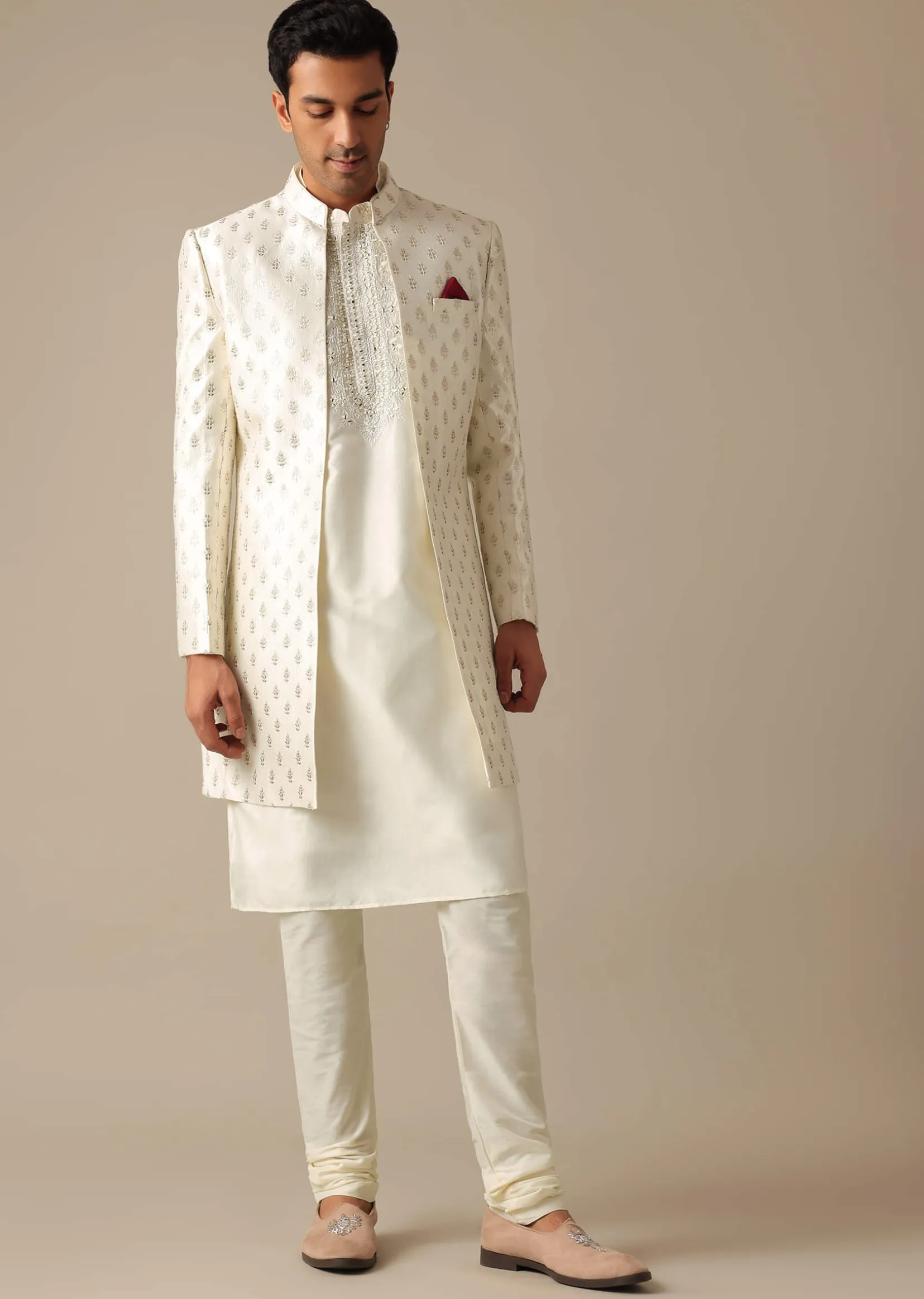 White Silk Embroidered Sherwani Set