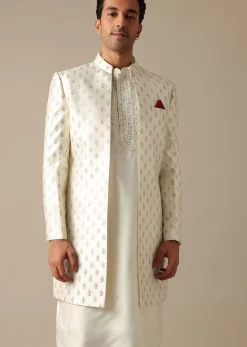 White Silk Embroidered Sherwani Set