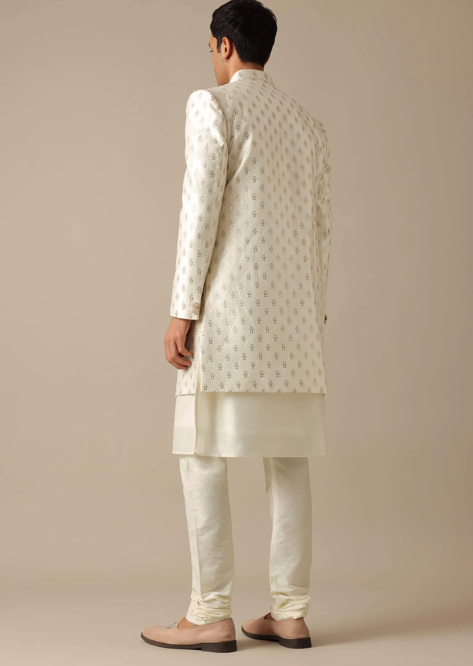 White Silk Embroidered Sherwani Set