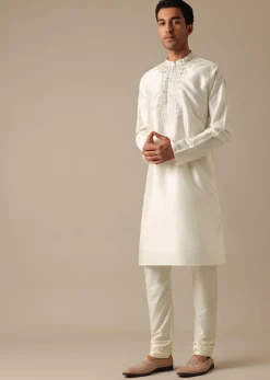 White Silk Embroidered Sherwani Set