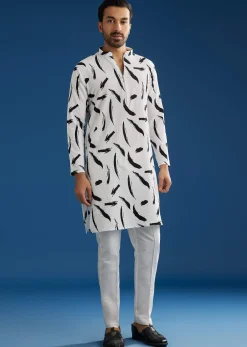 White Silk Kurta Set With Abstract Prints