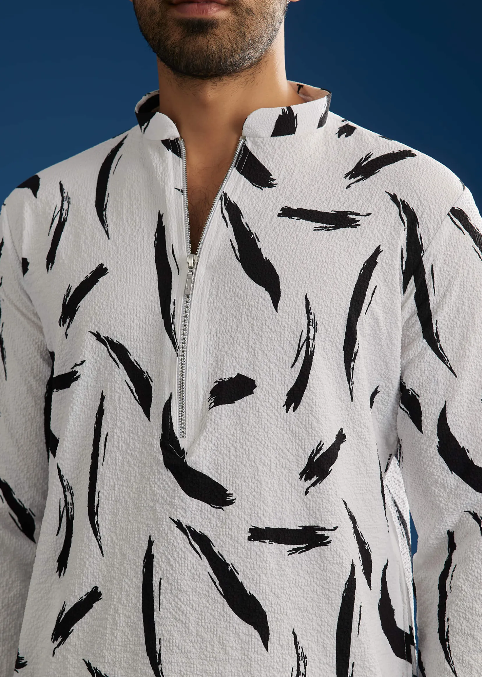 White Silk Kurta Set With Abstract Prints