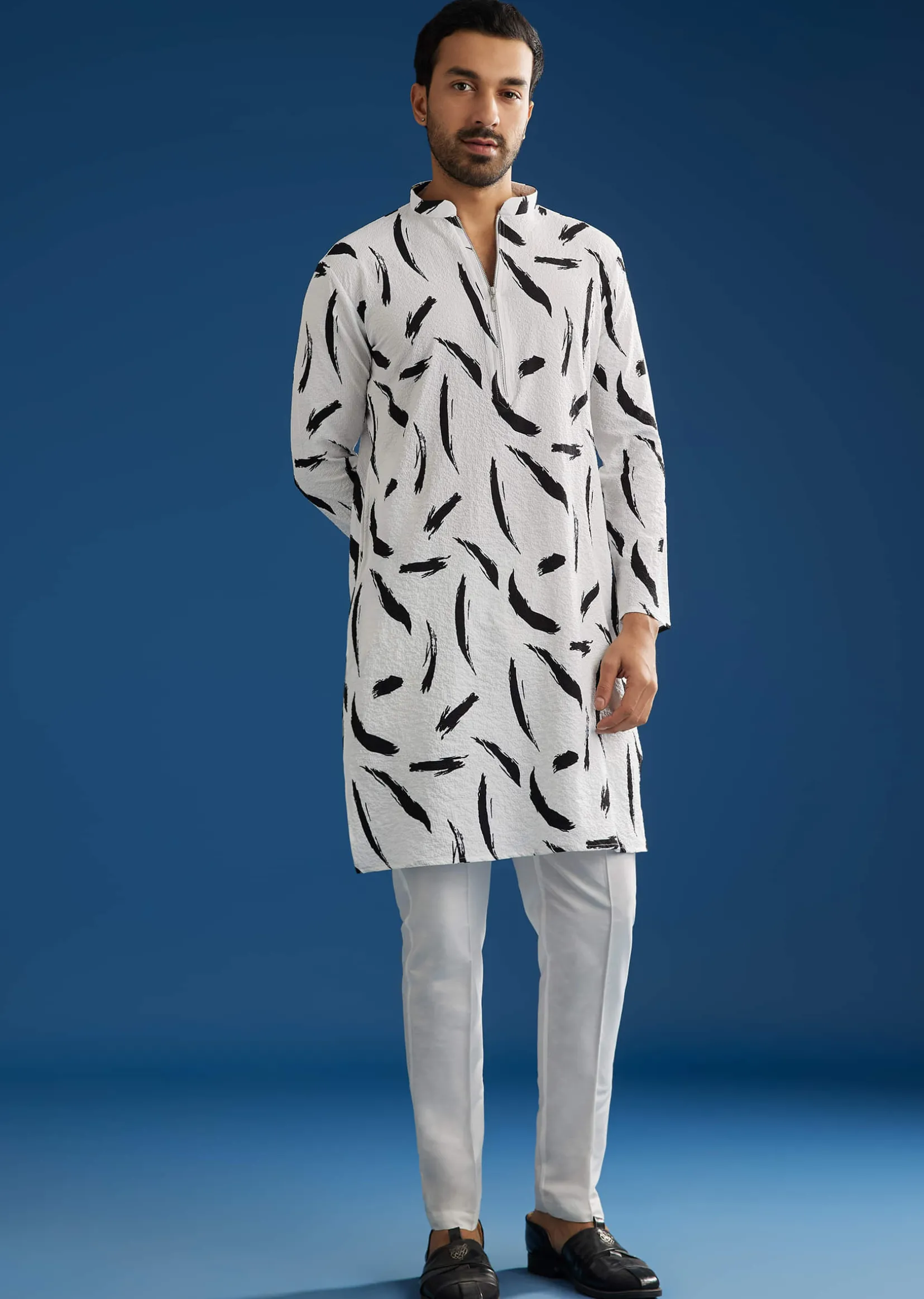 White Silk Kurta Set With Abstract Prints