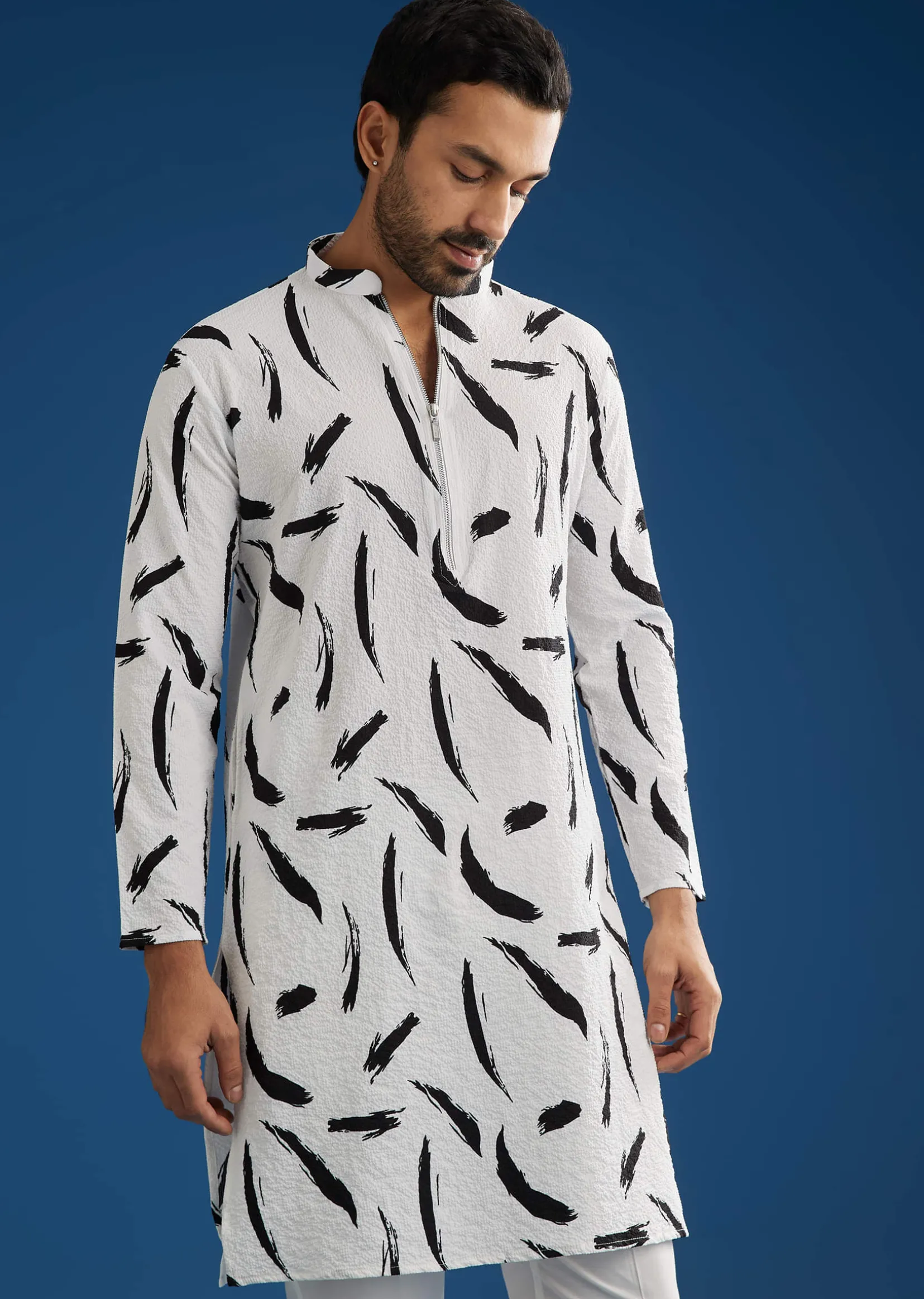 White Silk Kurta Set With Abstract Prints