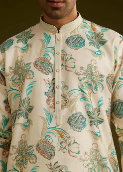 White Silk Kurta Set With Surreal Nature Prints