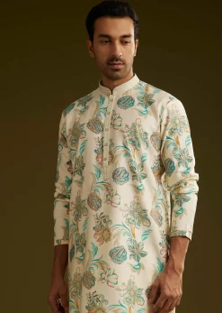 White Silk Kurta Set With Surreal Nature Prints