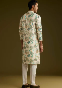 White Silk Kurta Set With Surreal Nature Prints