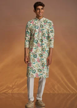 White Silk Kurta Set With Cold Coloured Nature Motifs