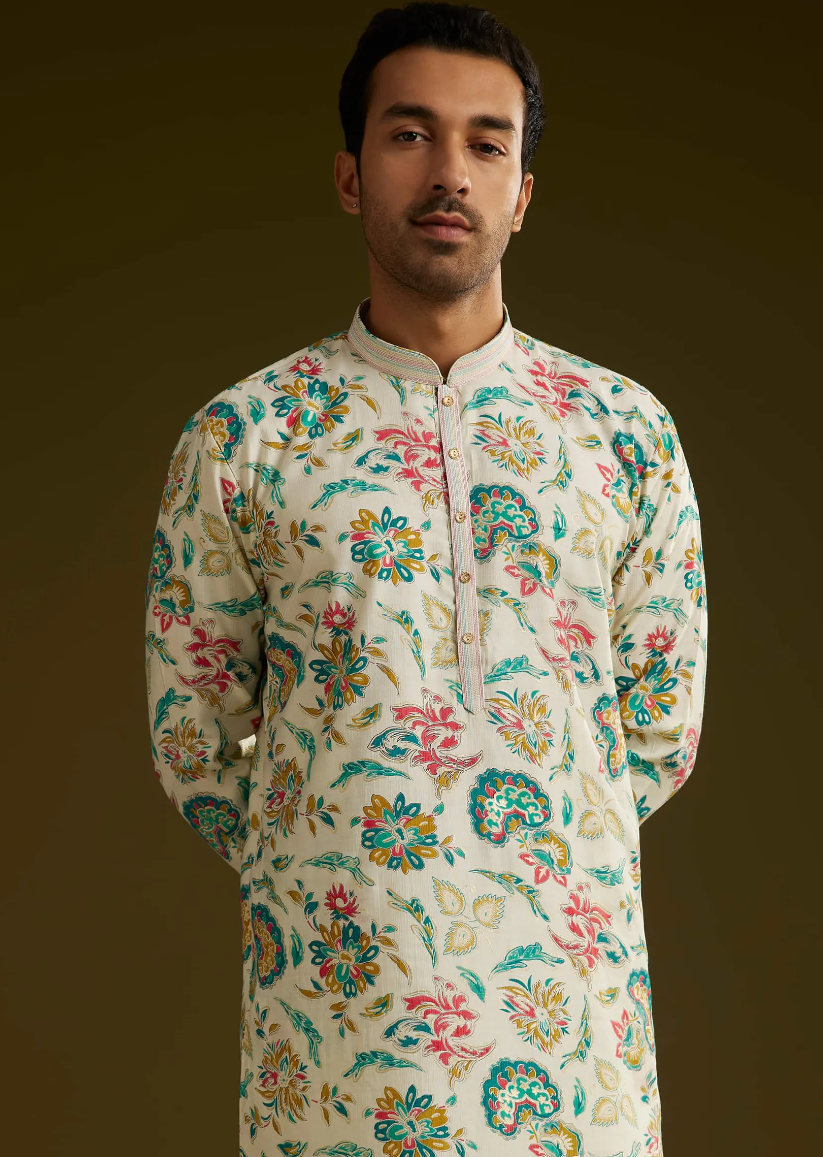 White Silk Kurta Set With Cold Coloured Nature Motifs