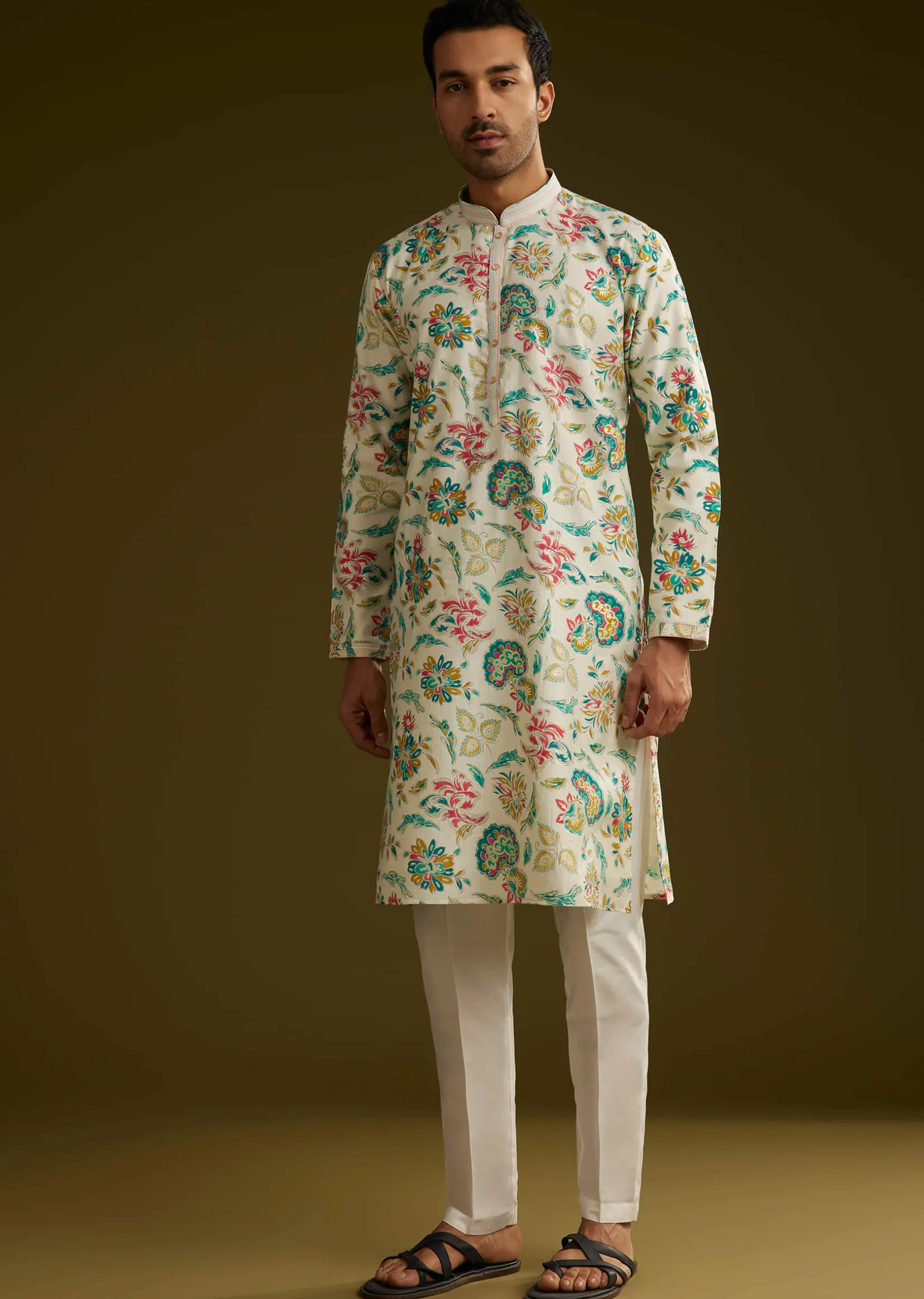 White Silk Kurta Set With Cold Coloured Nature Motifs
