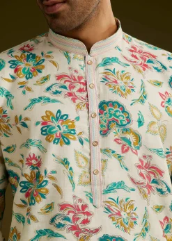 White Silk Kurta Set With Cold Coloured Nature Motifs