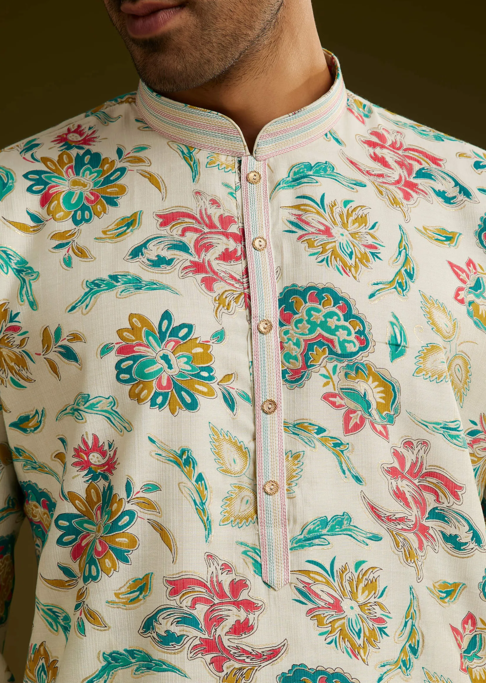 White Silk Kurta Set With Cold Coloured Nature Motifs