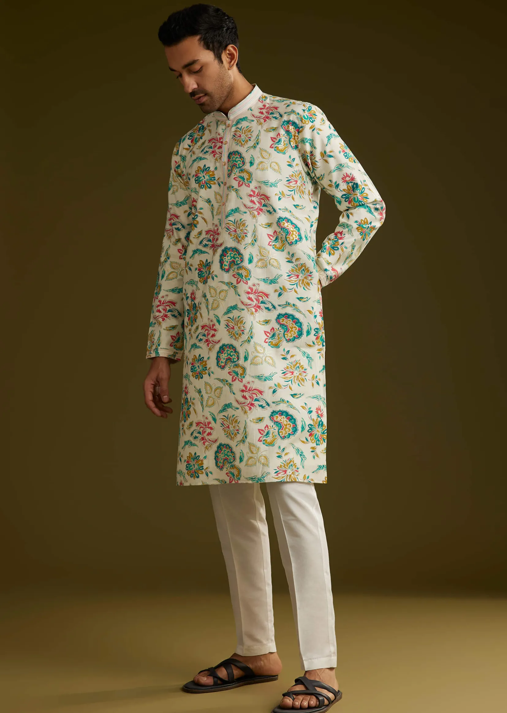 White Silk Kurta Set With Cold Coloured Nature Motifs