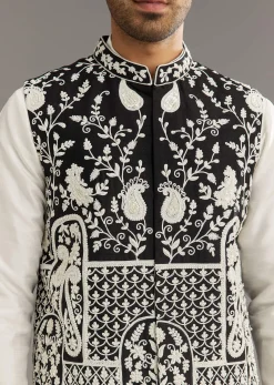 White Silk Kurta Set With Black Dori And Zardosi Jacket