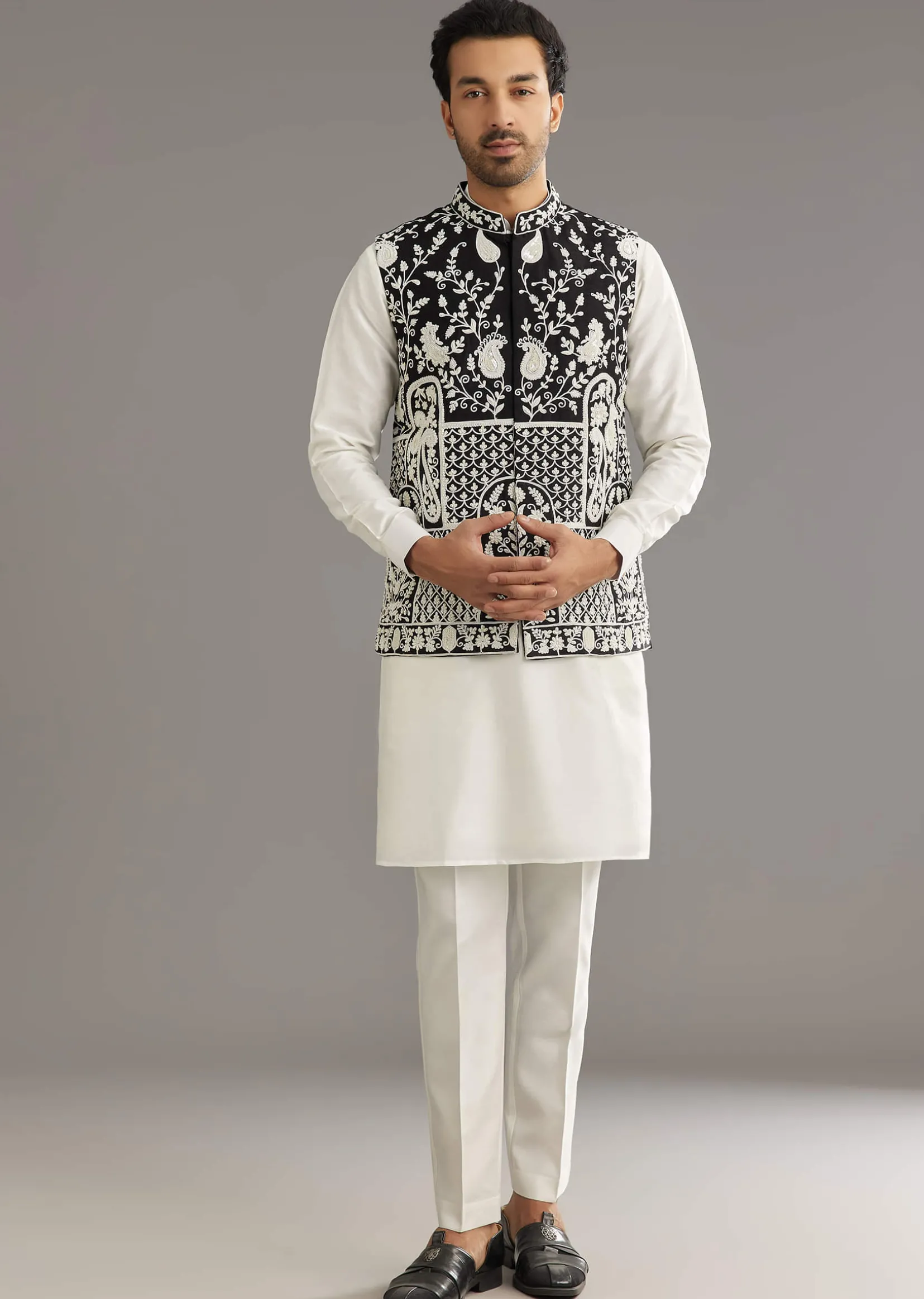 White Silk Kurta Set With Black Dori And Zardosi Jacket
